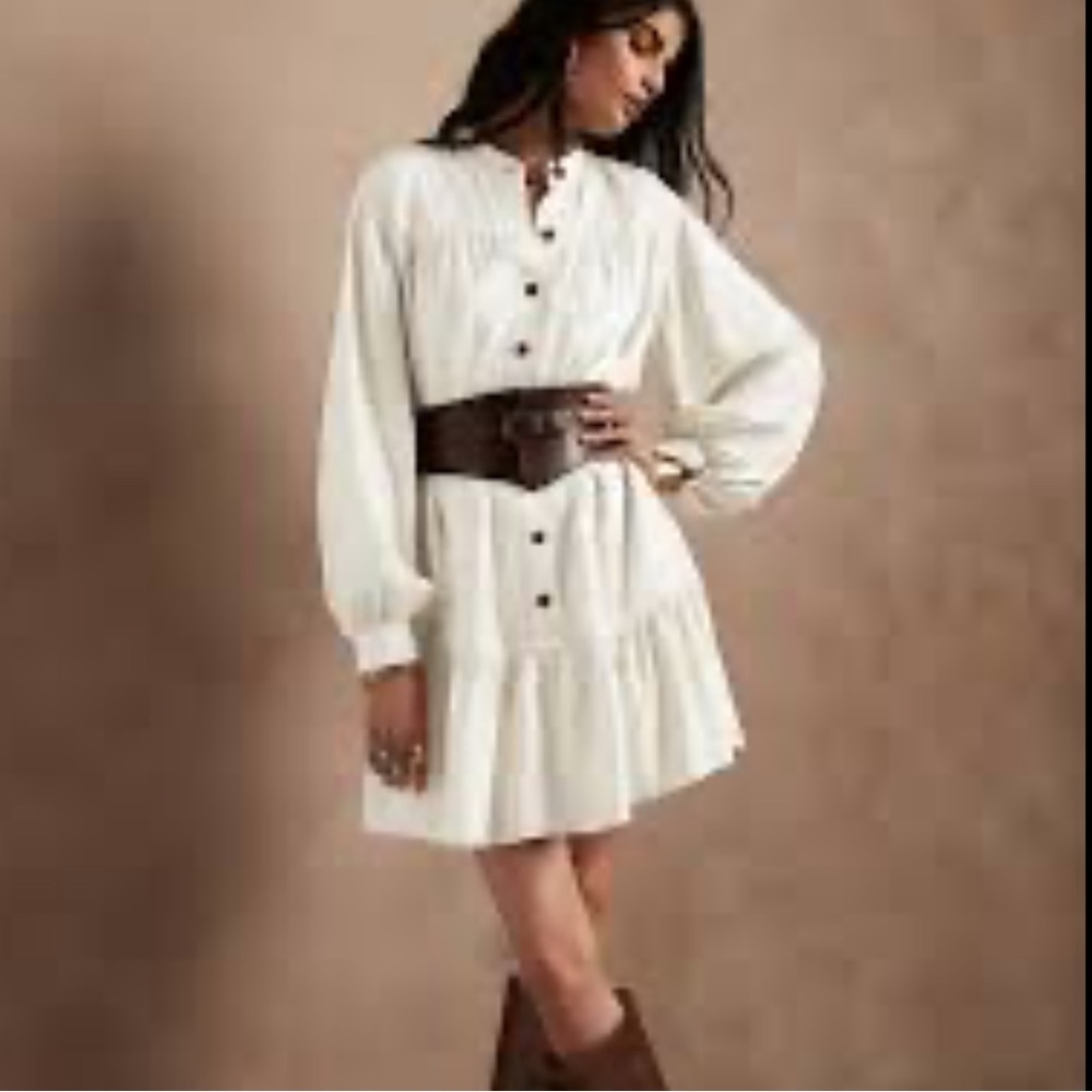 BANANA REPUBLIC CREAM FLOUNCE-HEM BELTED DRESS SIZE MEDIUM